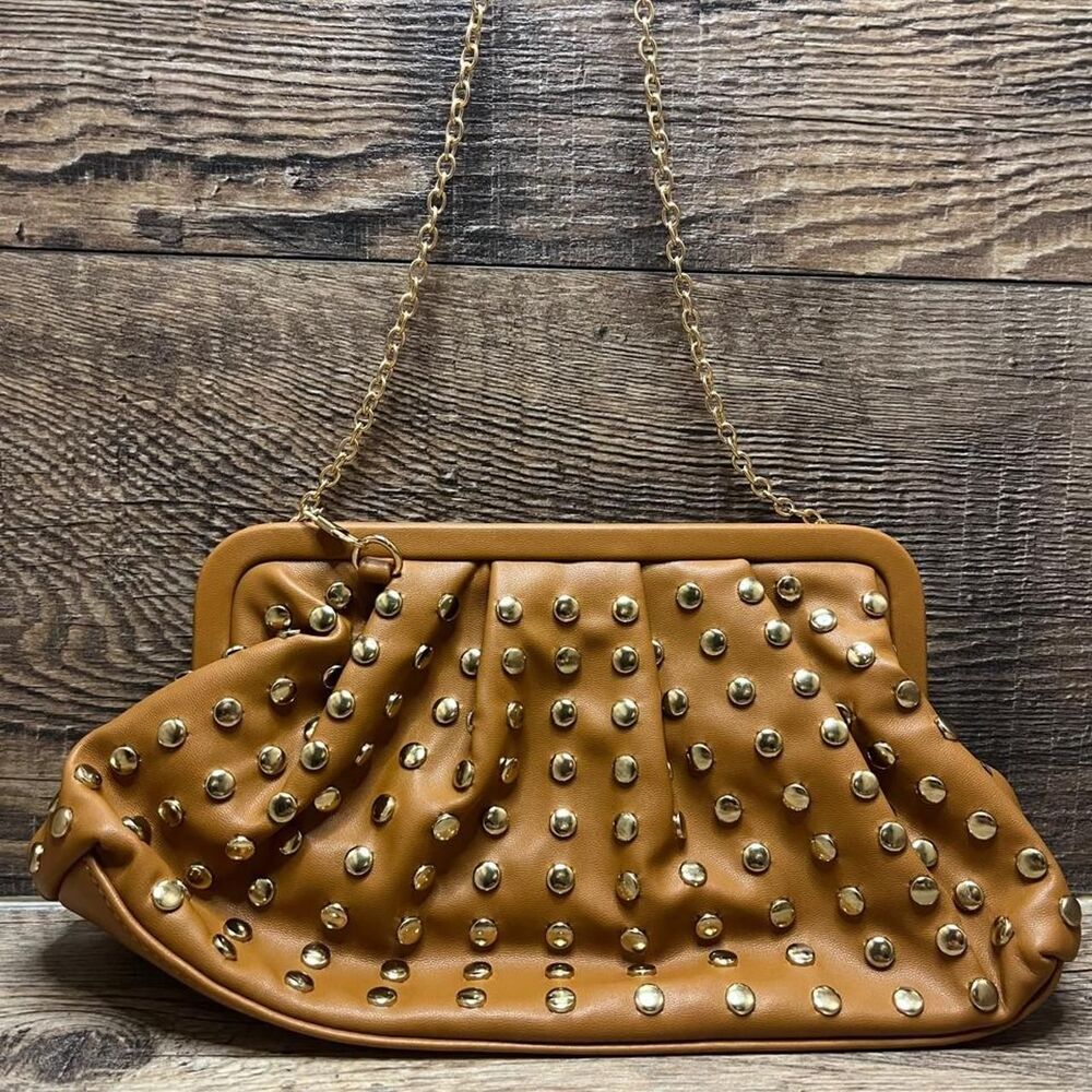 Tan Studded Slouchy Clutch Bag with Chain Strap - NWOT